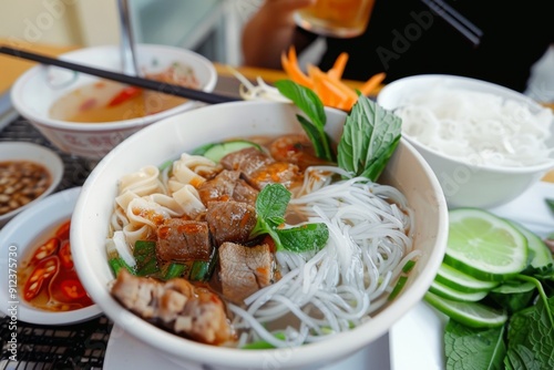 Vietnamese Noodles with Fresh Vegetables in a Traditional Bowl, Close-Up Food Photography