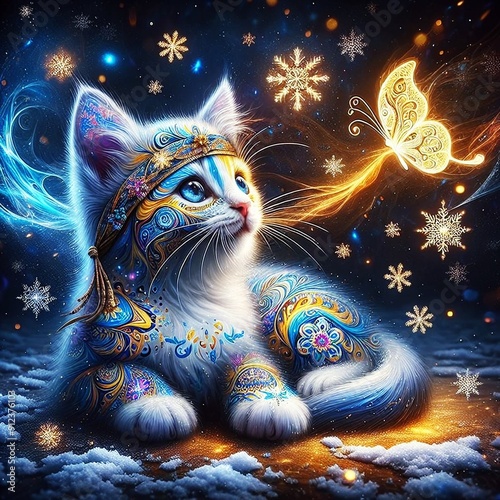 a cat sitting on a cloud with snowflakes