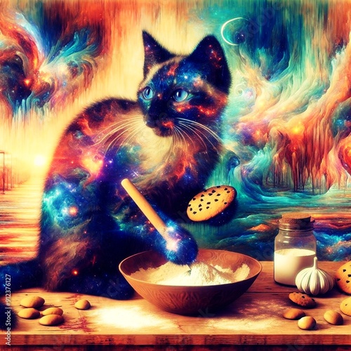 a cat sitting on a table with a bowl of food