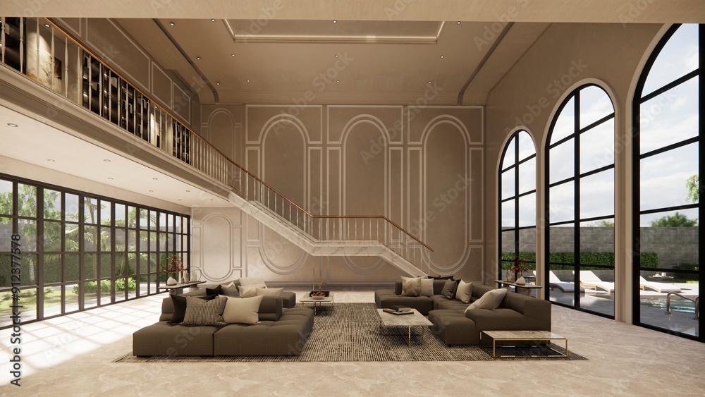 Obraz premium Modern house luxury living and kitchen room interior .white and wood material.bedroom and walkin closet . 3d rendering.