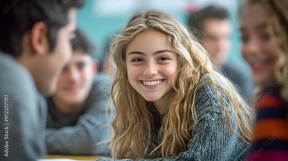 Obraz premium A Bright Moment: Cheerful Student Engages in Classroom Discussion