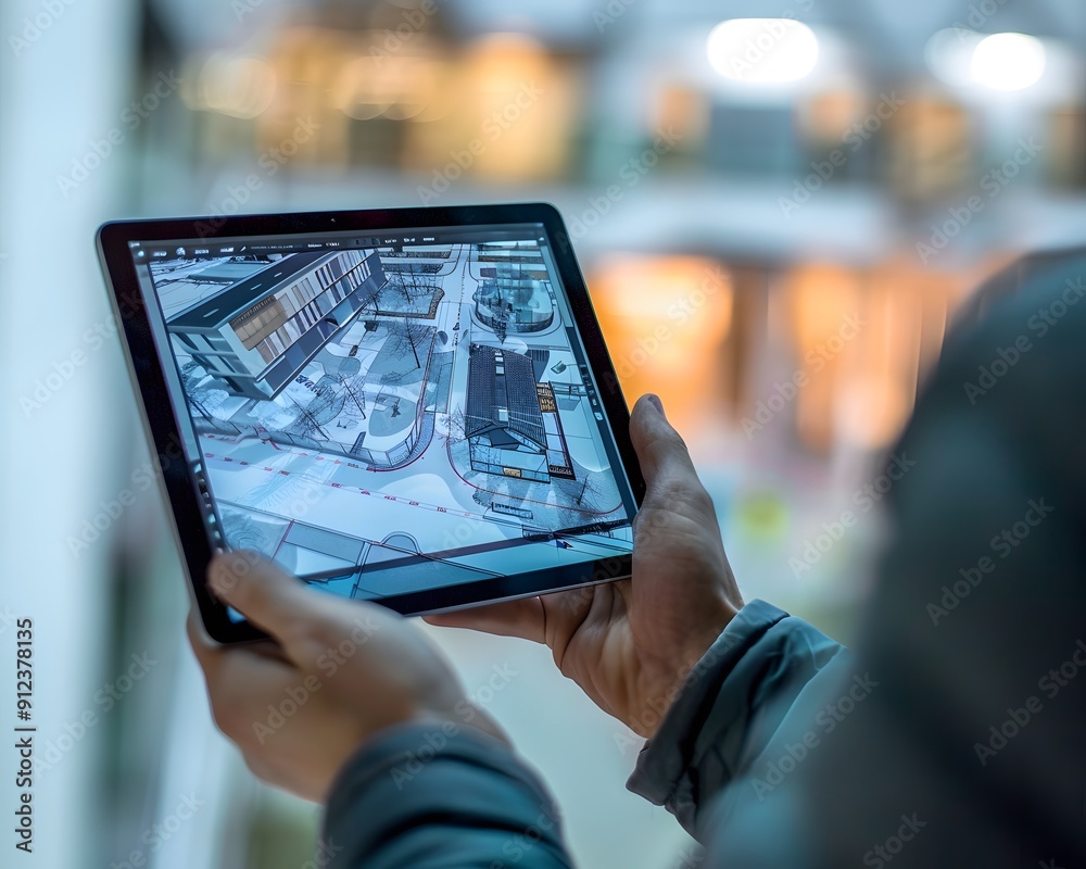 A professional holding a tablet with architectural plans on the screen