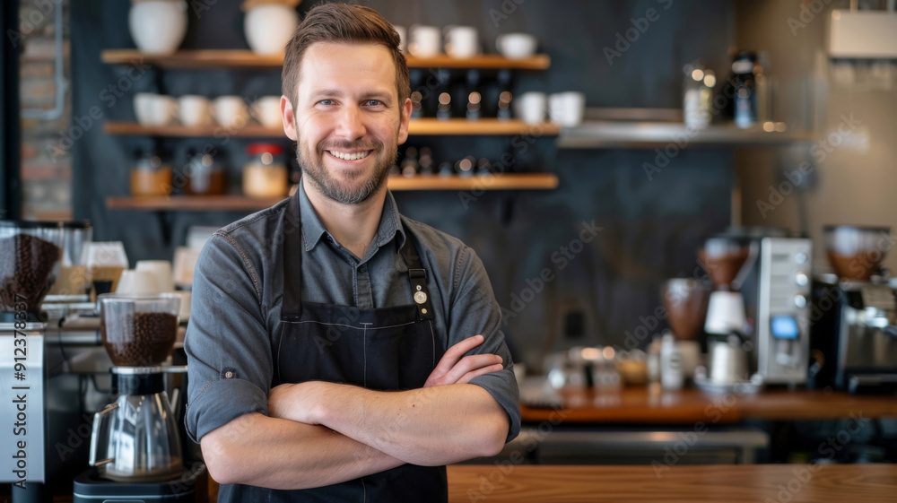 A handsome male barista in a black apron at the counter of a modern coffee shop with a smile on his face A handsome male barista in a black apron at the counter of a modern coffee shop with a smile on his face