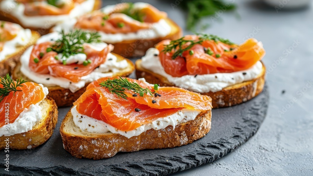 Diverse toppings on artisanal toast, including smoked salmon and cream cheese, gourmet breakfast options Diverse toppings on artisanal toast, including smoked salmon and cream cheese, gourmet breakfast options