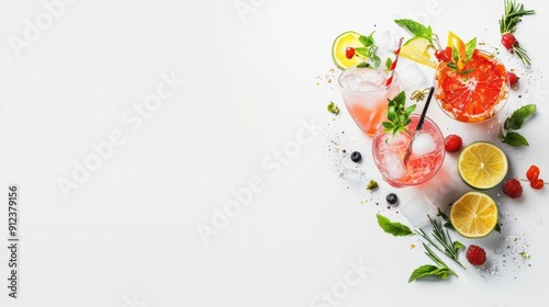 Modern light effect explosion of colorful Thai cocktails with garnishes scattered against a white backdrop, sunlight filtering softly Banner with copy space