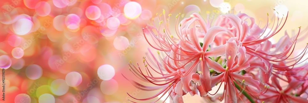 Blooming Spider Lily Lycoris Radiata Flowers on Blurred Nature Background in Spring