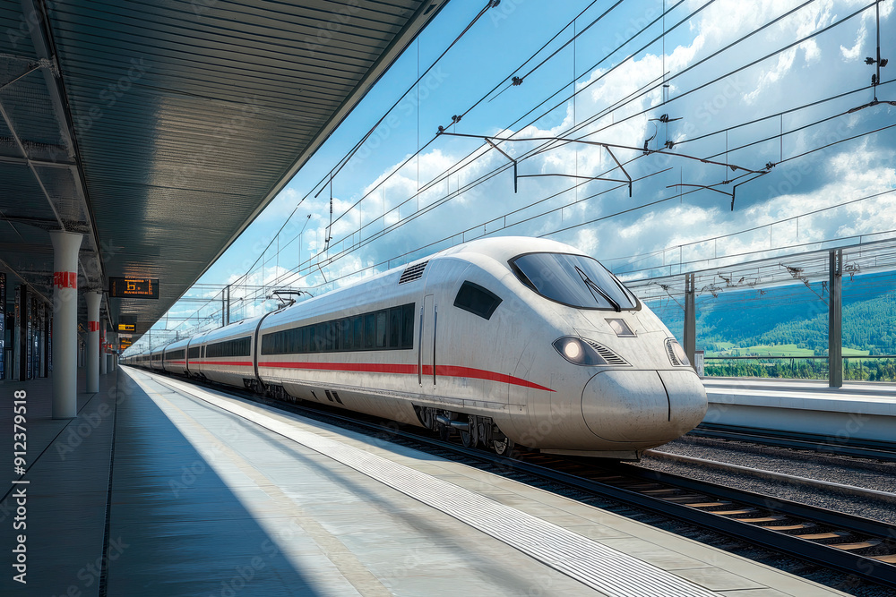 Fototapeta premium Passenger train arrive to empty railway station platform.