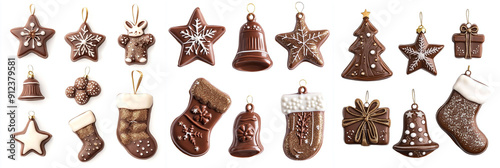 A set of chocolate Christmas tree toys of different shapes and decor: Christmas trees, stars, bells, Christmas Stockings, balls, isolated on a white background. Festive decorative border, seamless pat photo