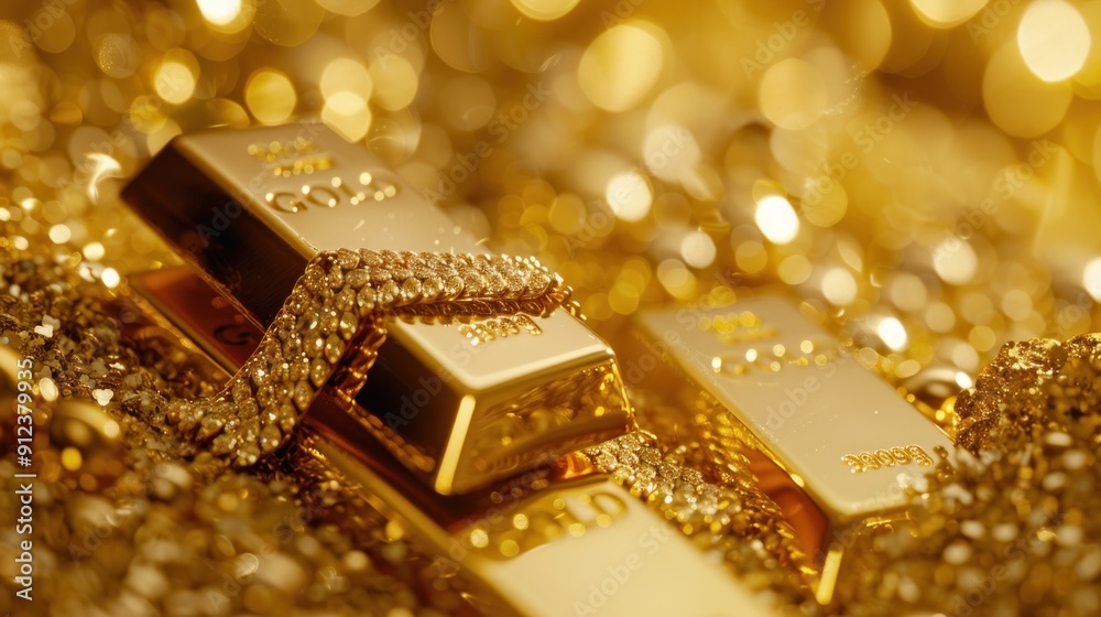 A luxury shiny gold bar is on top of a gold necklace A luxury shiny gold bar is on top of a gold necklace