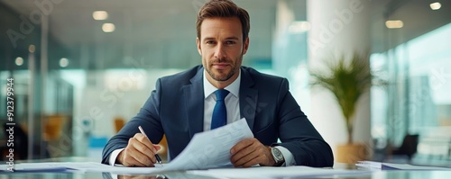 Modern Male Finance Manager Analyzing Financial Reports in Stylish Office Setting