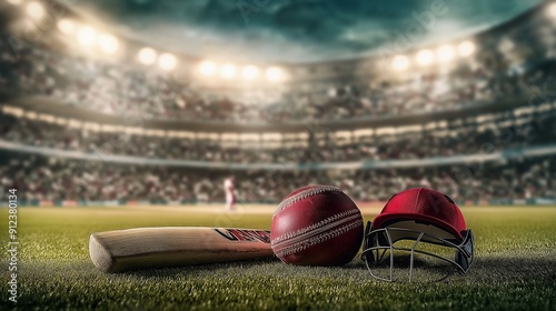 Cricket gear on the field with stadium lights, ideal for sports banners and advertisements.