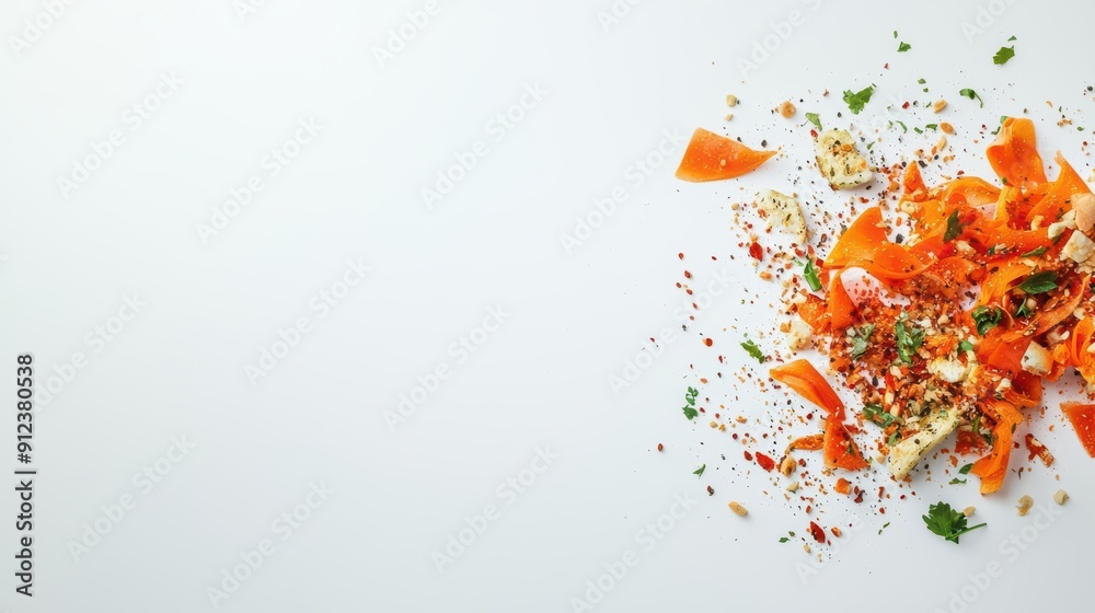 Strange light effect showcasing an artistic explosion of unique Thai snacks against a white background, sunlight filtering through Banner with copy space Strange light effect showcasing an artistic explosion of unique Thai snacks against a white background, sunlight filtering through Banner with copy space