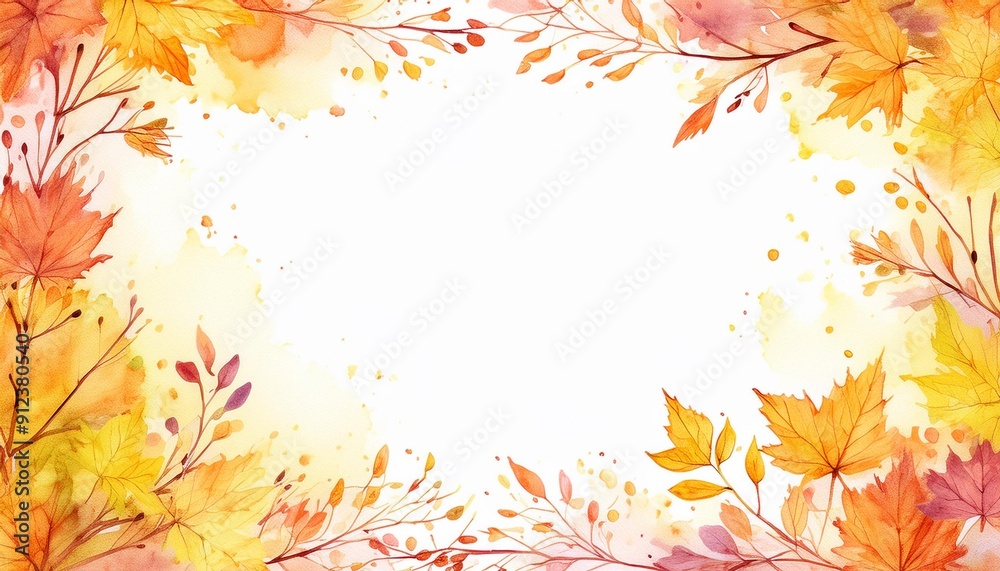 Fall season frame. Autumnal background with watercolor leaves and branches. Greeting card or invitation Fall season frame. Autumnal background with watercolor leaves and branches. Greeting card or invitation