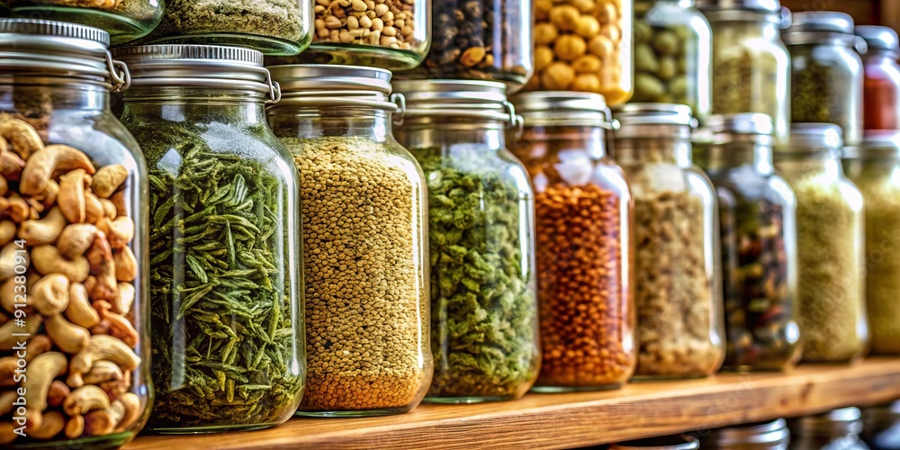 Assortment of dried herbs and spices, including thyme, oregano, and rosemary, alongside roasted cashews, stored in transparent glass jars on a condiment shop shelf. Assortment of dried herbs and spices, including thyme, oregano, and rosemary, alongside roasted cashews, stored in transparent glass jars on a condiment shop shelf.