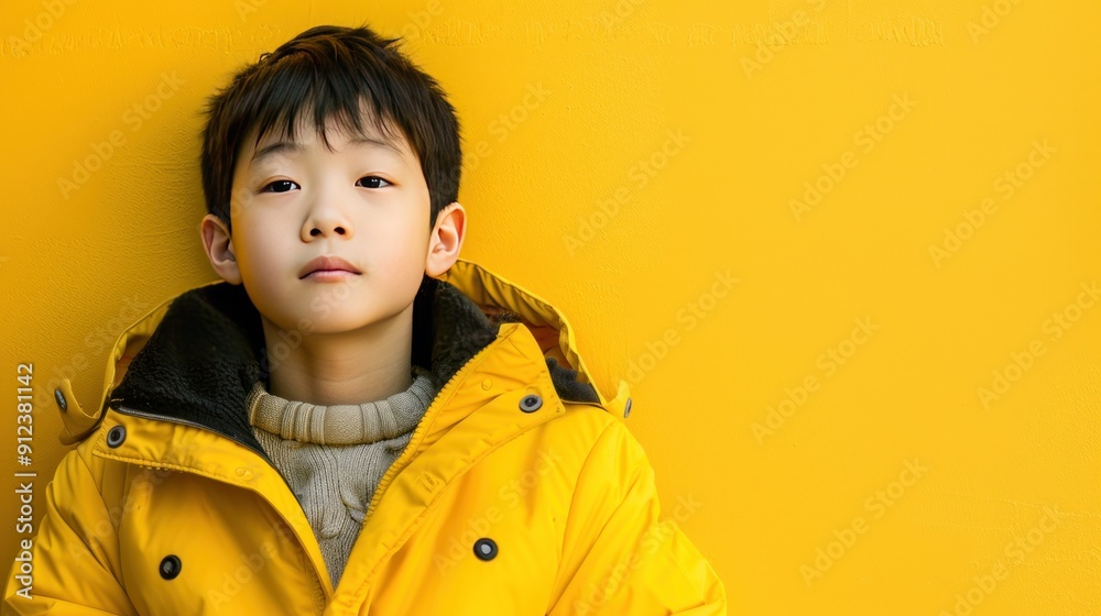 Asian young boy is standing in front of a yellow wall Asian young boy is standing in front of a yellow wall