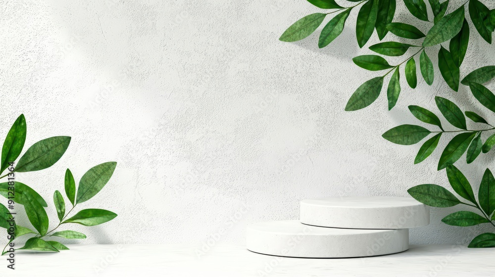 Watercolor style podiums with soft pastel backdrops and green leaves Watercolor style podiums with soft pastel backdrops and green leaves