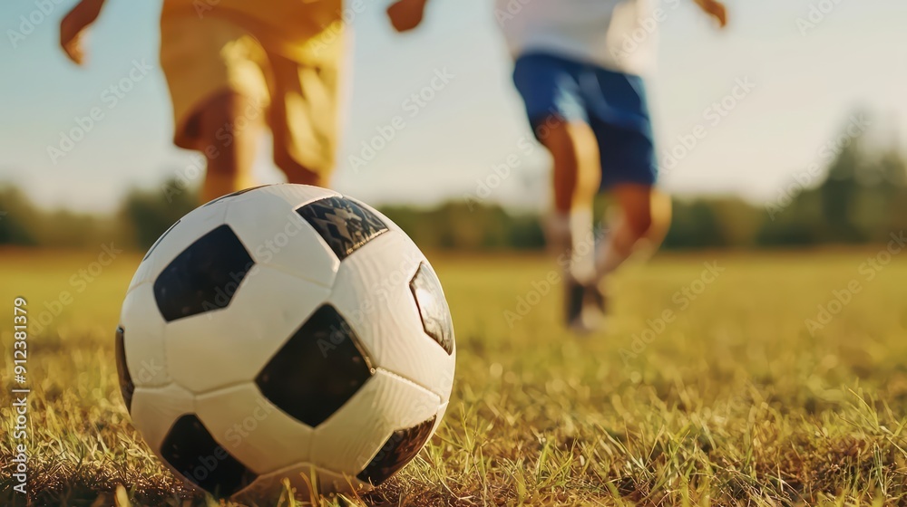 Fototapeta premium Young friends are kicking a soccer ball back and forth on a sunny field with smiles on their faces banner with copy space