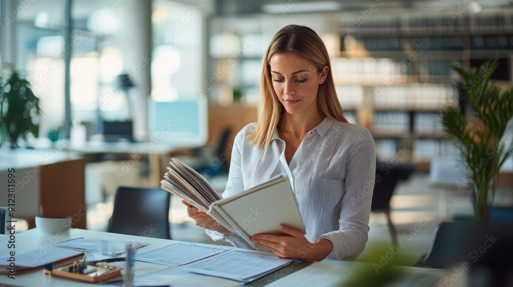 Successful Female Accountant Balancing Books in Modern Bright Office