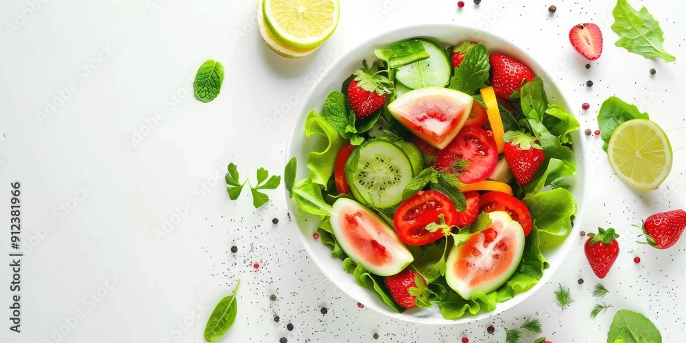 Fruit salad with vegetables, healthy meal. The generation of AI. Fruit salad with vegetables, healthy meal. The generation of AI.