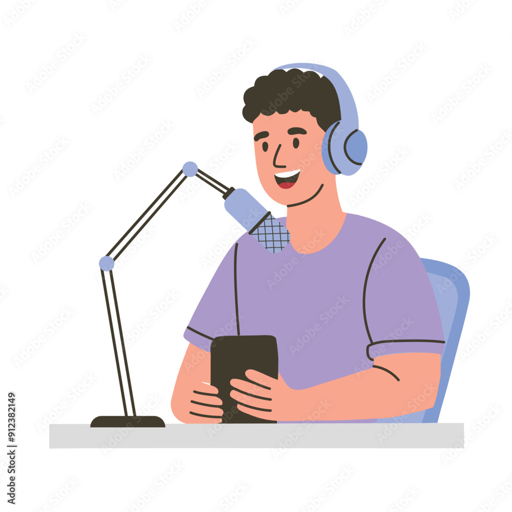 Young man in headphones speaking into microphone and using smartphone. Podcast, radio. Flat vector illustration. Young man in headphones speaking into microphone and using smartphone. Podcast, radio. Flat vector illustration.