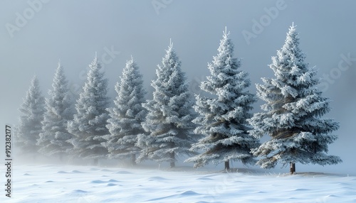 Snow-covered pine trees in a tranquil winter wonderland with soft falling snow