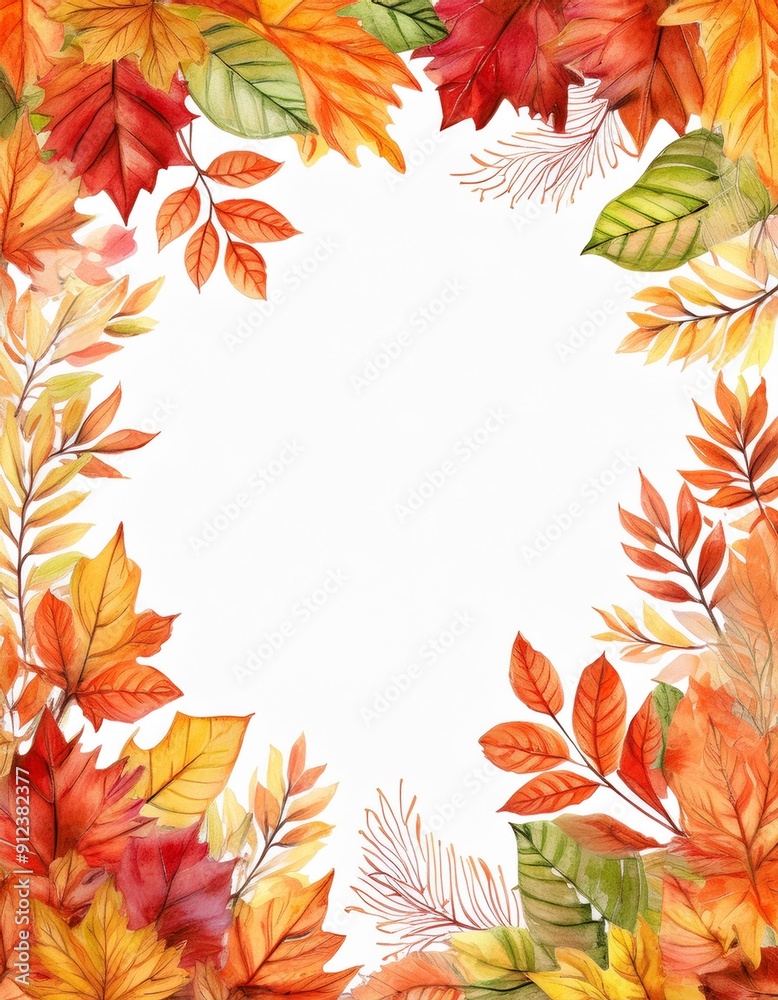 Fall season frame. Autumnal background with watercolor leaves and branches. Greeting card or invitation