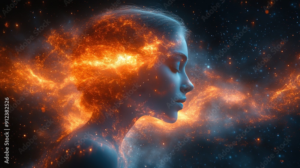 Double exposure of a human head and a space network Double exposure of a human head and a space network