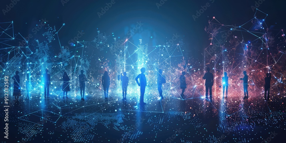 Obraz premium Illustration of a network that digitally connects people around. The generation of AI.