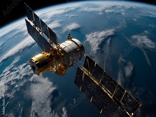 A reconnaissance and surveillance satellite flying in space above the Earth photo