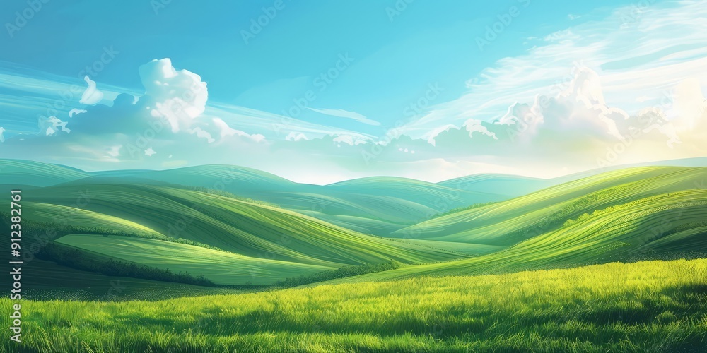 Obraz premium Illustration green fields green hills dawn landscape. The generation of AI.