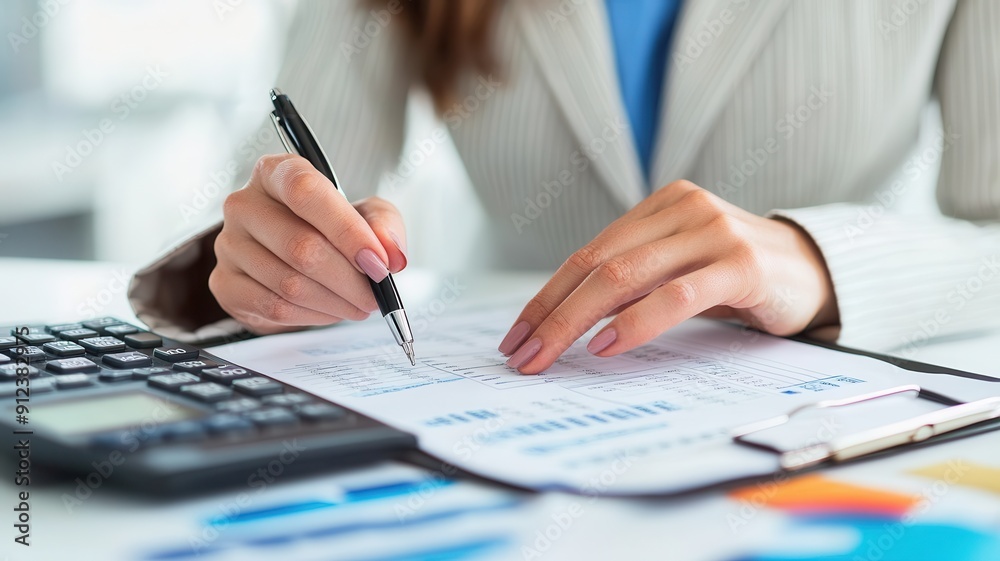 Naklejka premium Confident Female Accountant Showcasing Expertise While Preparing a Detailed Balance Sheet