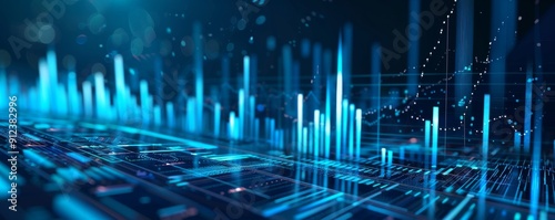 Abstract smartphone desktop background, digital bar charts and graphs, glowing in shades of blue, stock market investment trading chart displayed, glowing financial charts