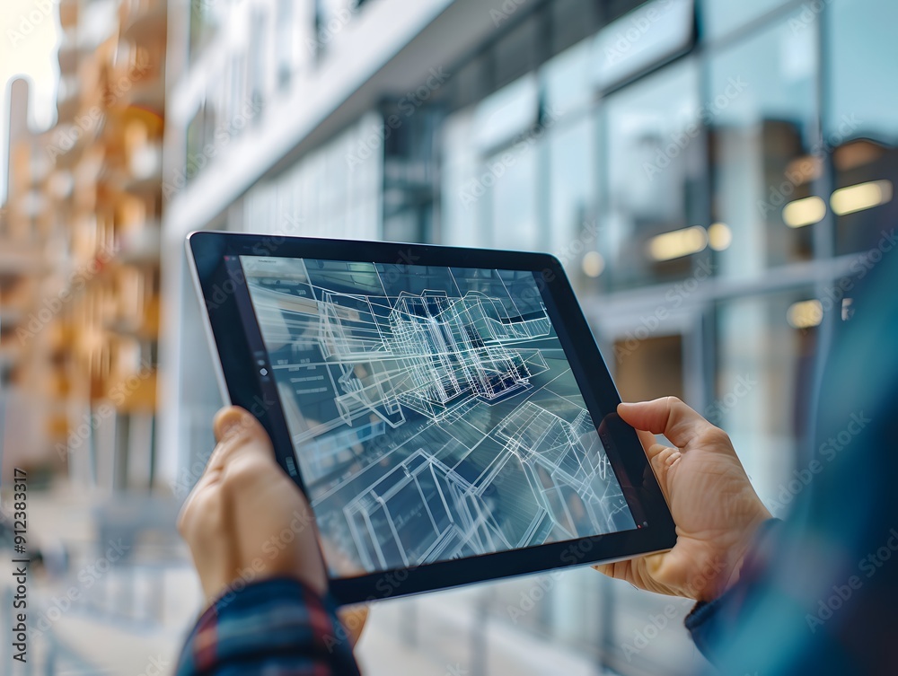 A professional holding a tablet with architectural plans on the screen A professional holding a tablet with architectural plans on the screen