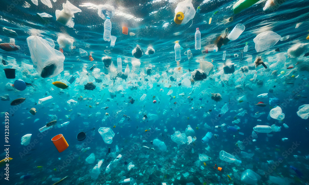 Fototapeta premium Plastic bags littering the ocean are floating in the under water. An underwater view floating trash
