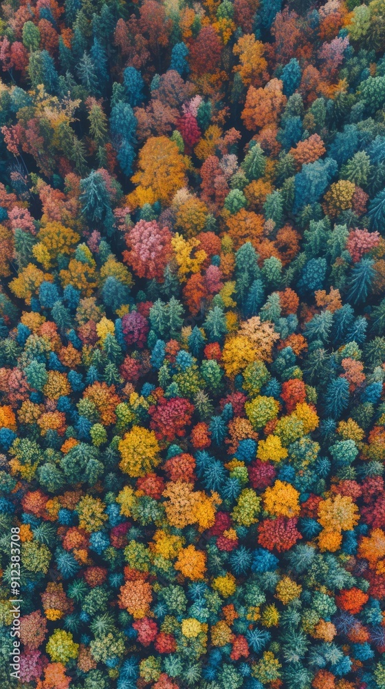 Aerial drone view of a dense forest in autumn with a patchwork of colorful leaves. Vertical banner