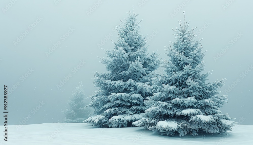 Snow-covered pine trees in a tranquil winter wonderland with soft falling snow Snow-covered pine trees in a tranquil winter wonderland with soft falling snow