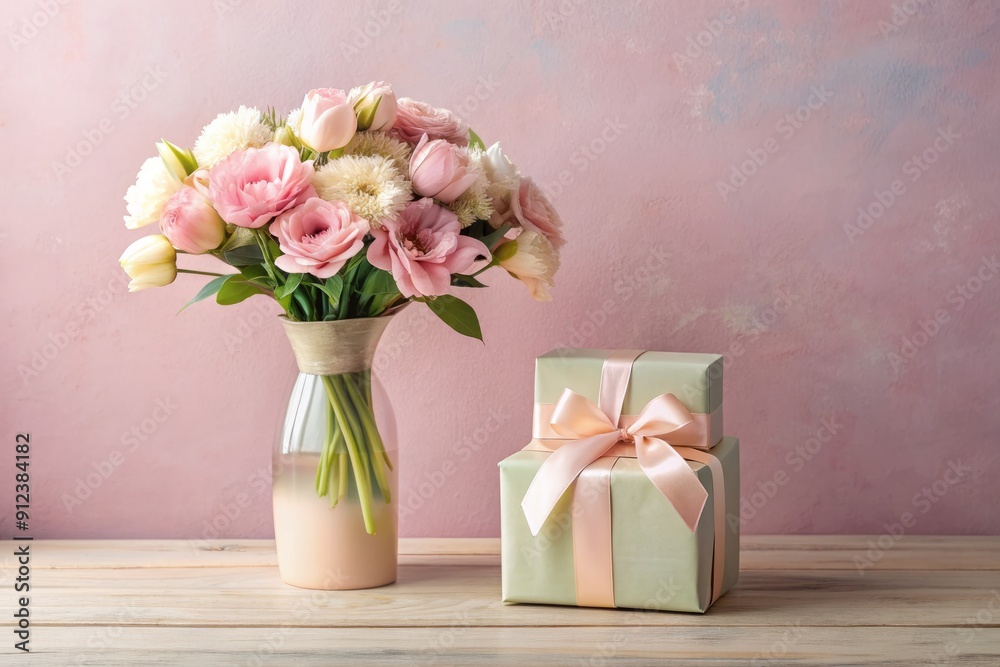 Obraz premium Elegant vase with fresh flowers and beautifully wrapped gift box on a soft, pastel-colored backdrop, featuring an empty copy space for female-centric celebrations and occasions.