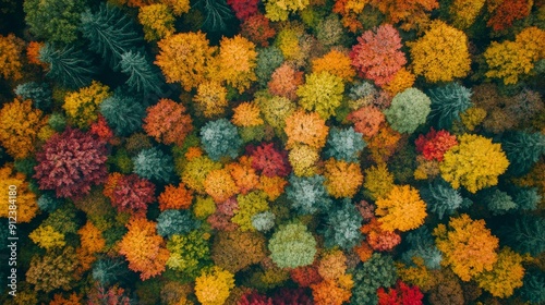 Aerial drone view of a dense forest in autumn with a patchwork of colorful leaves as natural mosaic