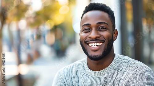 A young Black man in a grey sweater laughs with his eyes closed.