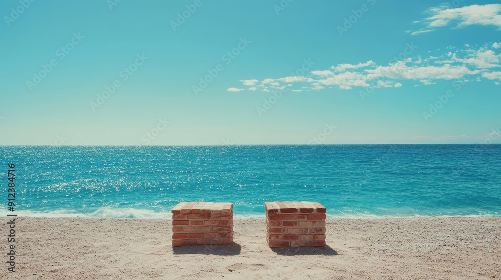 Fototapeta premium Red brick podiums decorated on sand beach,Empty space for design. Blue sea and blue sky for summer vacation concept,Summer mock up for design and product display concept.