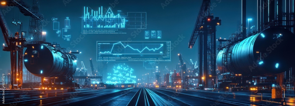 Futuristic Industrial Cityscape with Data Visualizations Futuristic Industrial Cityscape with Data Visualizations
