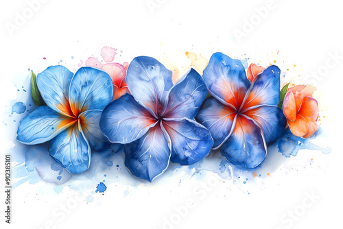 Three blue flowers with orange petals are arranged in a row. The flowers are painted with watercolors and appear to be vibrant and lively. The arrangement gives off a sense of freshness