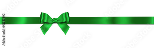 Green Bow and Ribbon Horizontal Realistic shiny satin with shadow horizontal ribbon for decorate your Christmas card ,greeting card or gift boxes vector EPS10 isolated on white background.