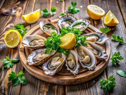 Freshly shucked oysters arranged artfully on a rustic wooden table, garnished with lemon wedges and fresh parsley, set against a clean and natural background. photo