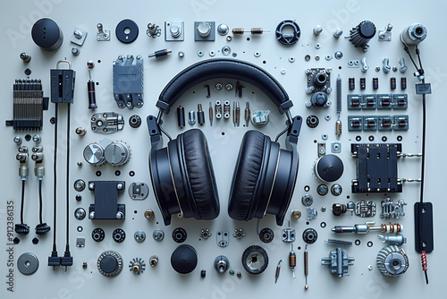 One headphones surrounded by disassembled headphone parts and details. Layout photography related to maintenance, repair, support, device diagnostics.
 photo