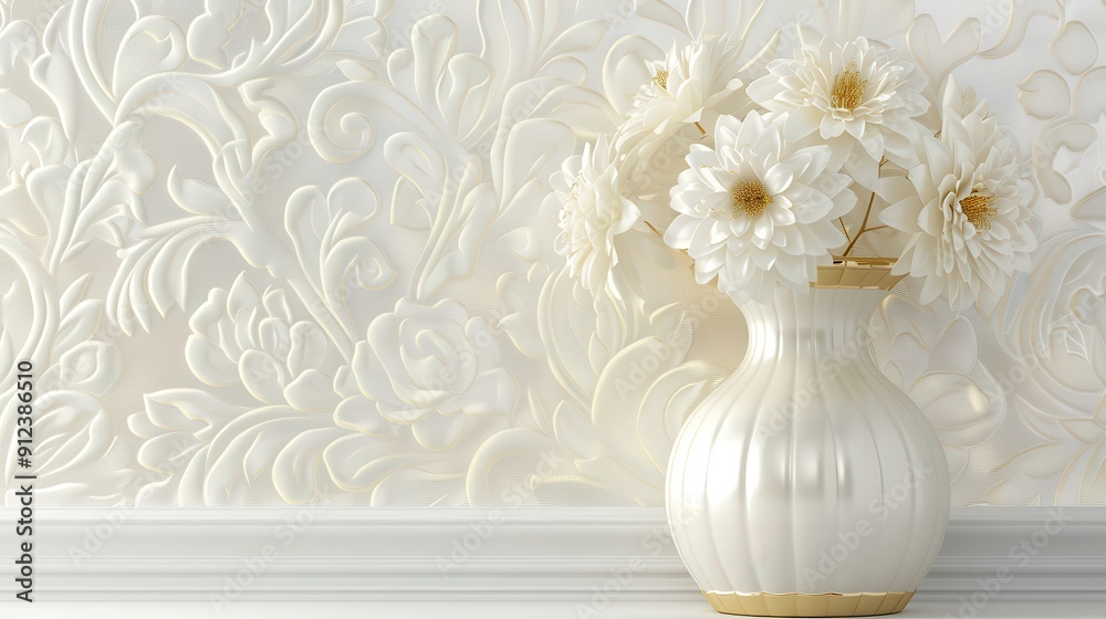 Fototapeta premium A white vase with flowers in it sits on a white wall