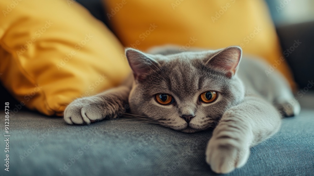 Obraz premium Gray Cat Relaxing on a Couch