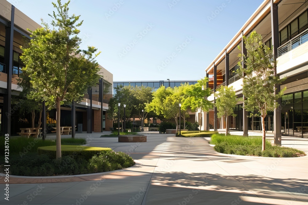 Modern office buildings with a green courtyard during a sunny summer day Modern office buildings with a green courtyard during a sunny summer day