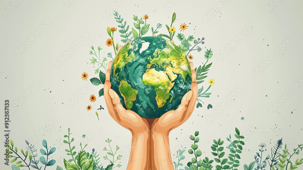 Hands holding a green globe, earth. Earth day concept. Earth day vector illustration for poster, banner,print,web. Saving the planet,environment. save the world concept Hands holding a green globe, earth. Earth day concept. Earth day vector illustration for poster, banner,print,web. Saving the planet,environment. save the world concept