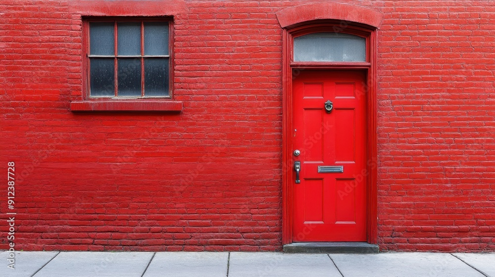 Modern single Red door on brick wall in city,English architecture,luxury building,empty grunge urban street with warehouse brick wall,sidewalk by street wall and door,space for text concept. Modern single Red door on brick wall in city,English architecture,luxury building,empty grunge urban street with warehouse brick wall,sidewalk by street wall and door,space for text concept.